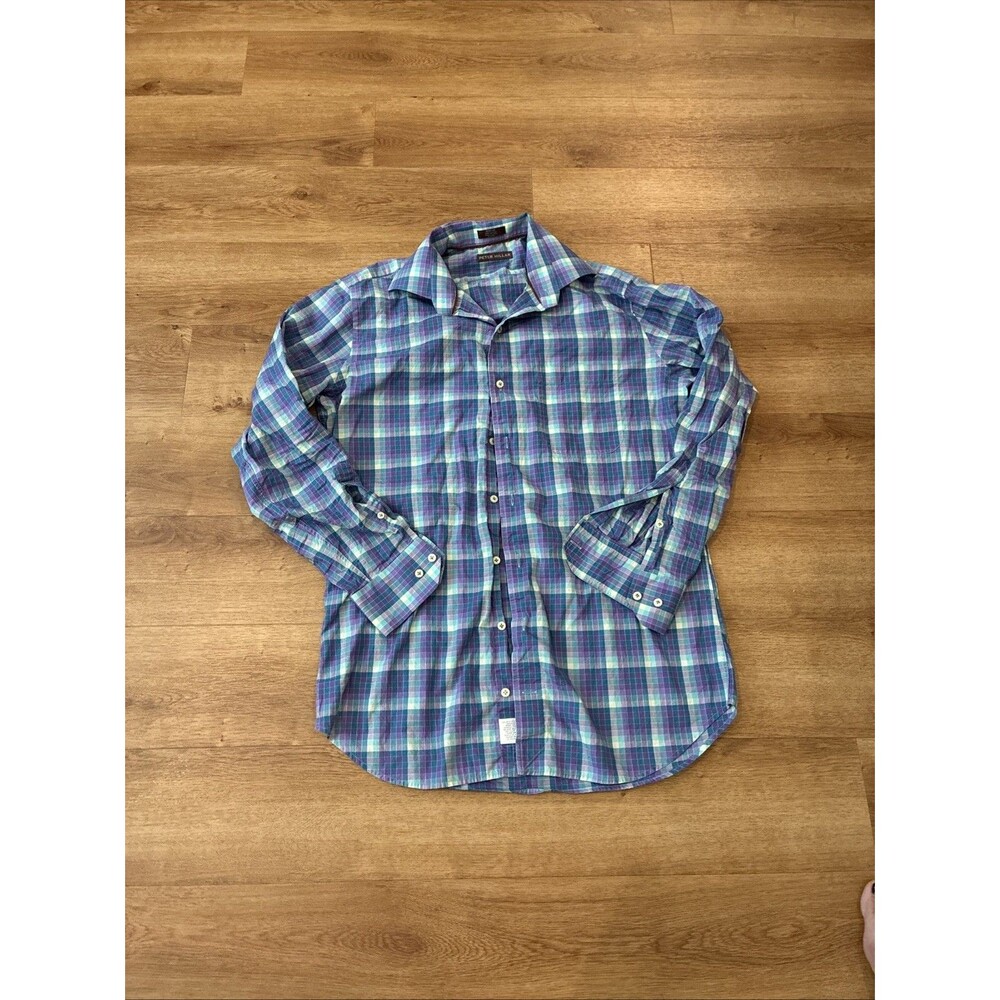 Peter Millar Mens Checkered Print Collared Button-Down‎ Shirt Blue Size M